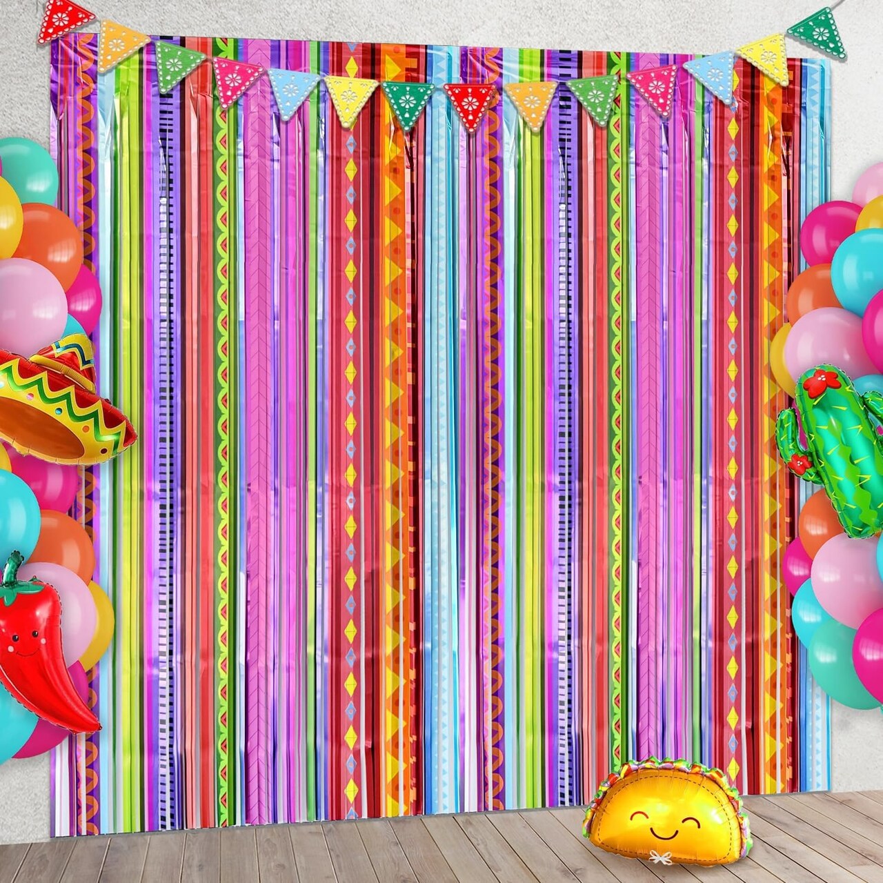 2 Pack Mexican Fiesta Rainbow Foil Curtain Backdrops – Tinsel Fringe Streamers (3.3 x 6.6 ft) – Cinco de Mayo Party Decorations, Taco Bar, Posada & Carnival Photo Booth Background – Perfect for Mother's Day Card Making Displays